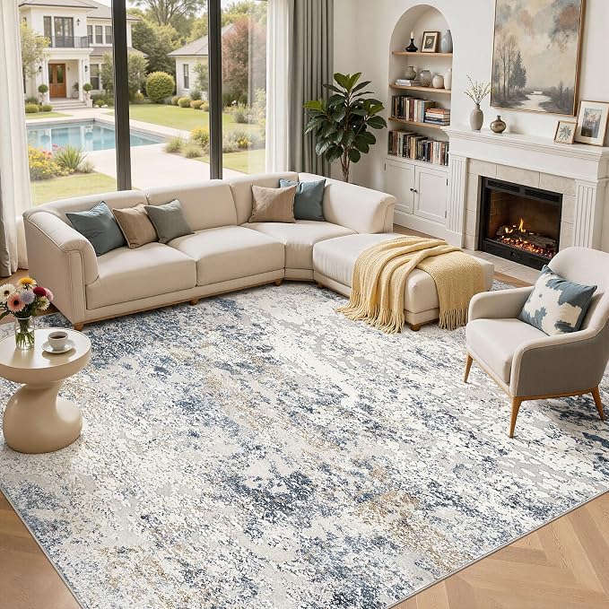 DMOYEST Area Rug Living Room Rugs - 12x14 Large Soft Indoor Neutral Modern Abstract Low Pile Washable Rug Carpet for Bedroom Dining Room Farmhouse Home Office - Beige Blue