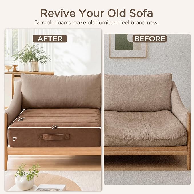 Codi Thick Replacement Couch Cushions 2 Sets, Upholstery Foam with Washable Covers for Sofa Cushion Chair Meditation - 24 × 24 × 5 Inch, High Density Foam, Coffee