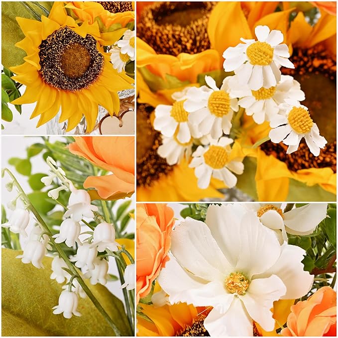 LUEUR Artificial Faux Flowers in Vase for Home,Silk Sunflower Bouquet Fake Flowers with Pot Silk Sunflower Arrangement with Vase Suitable for Fall, Spring Decor Office Decoration Table Cenerpiece