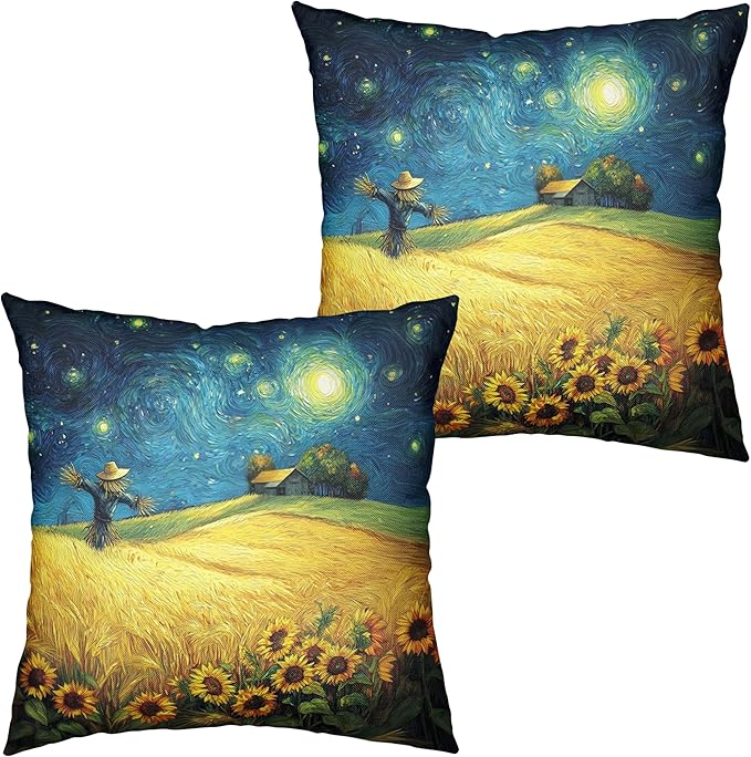Fall Throw Pillow Covers 22x22 Set of 2 Autumn Sunflower Wheat Field Harvest Pillow Covers Scarecrow Under Van Gogh Starry Night Thanksgiving Pillowcase for Home Decor Couch