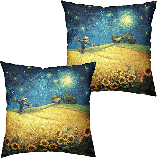 Fall Throw Pillow Covers 22x22 Set of 2 Autumn Sunflower Wheat Field Harvest Pillow Covers Scarecrow Under Van Gogh Starry Night Thanksgiving Pillowcase for Home Decor Couch