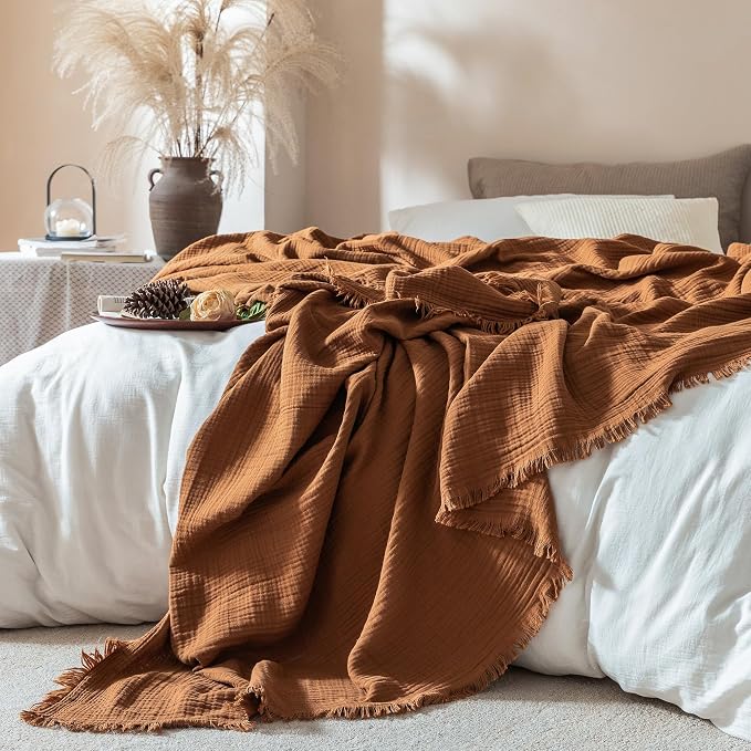 Muslin Fringe Blankets for Adults: 100% Cotton Cloud Soft | 4-Layer Gauze Breathable Lightweight All Season Throw Blanket for Bed Couch Sofa Office