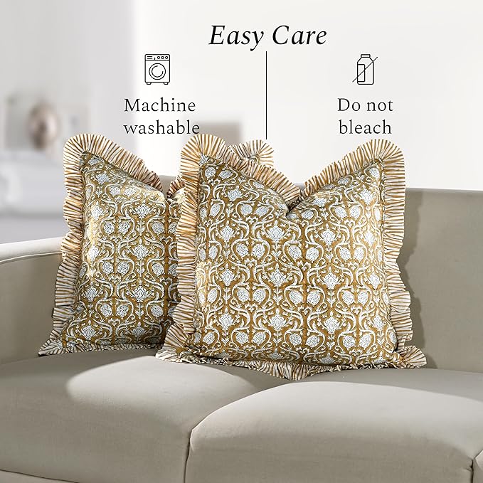CPC Block Print Ruffle Throw Cover Mustard Regal 20"x20" Inch Pack of 2-100% Cotton Ruffle Couch Decorative Boho Pillows Case for Living Room, Bedroom, Sofa, Farmhouse Gift for Spring, Mother's Day