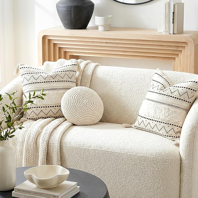 BlissBlush Decorative Throw Pillow Covers 20x20 Combo Set of 2 Square Boho Black Neutral Accent Pillowcase Tassels Farmhouse Cushion for Couch Sofa Bedroom Living Room Home Décor Cover ONLY