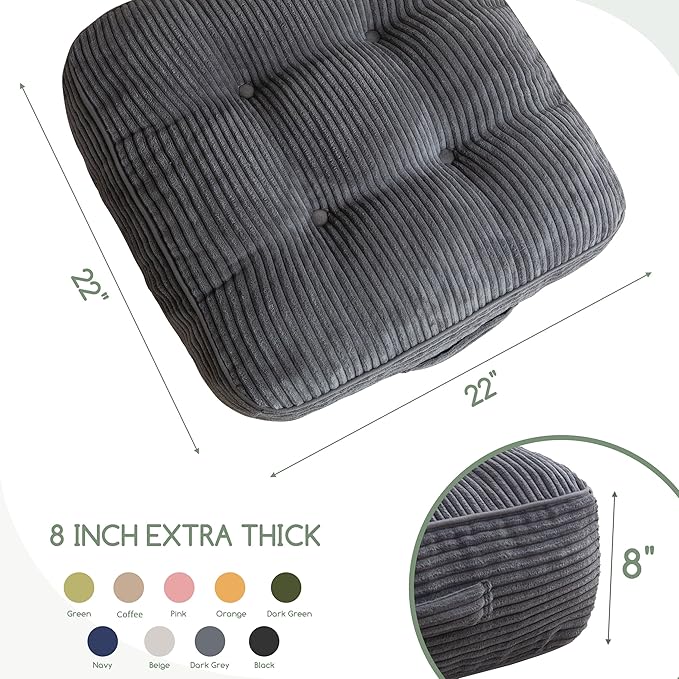 HIGOGOGO 8" Extra Thick Floor Pillow Cushion for Adults, Meditation Cushion Pillow, Large Square Floor Sitting, Tufted Corduroy Cover, for Tatami Living Room or Yoga, 22x22 Inch, 2Pack, Dark Grey