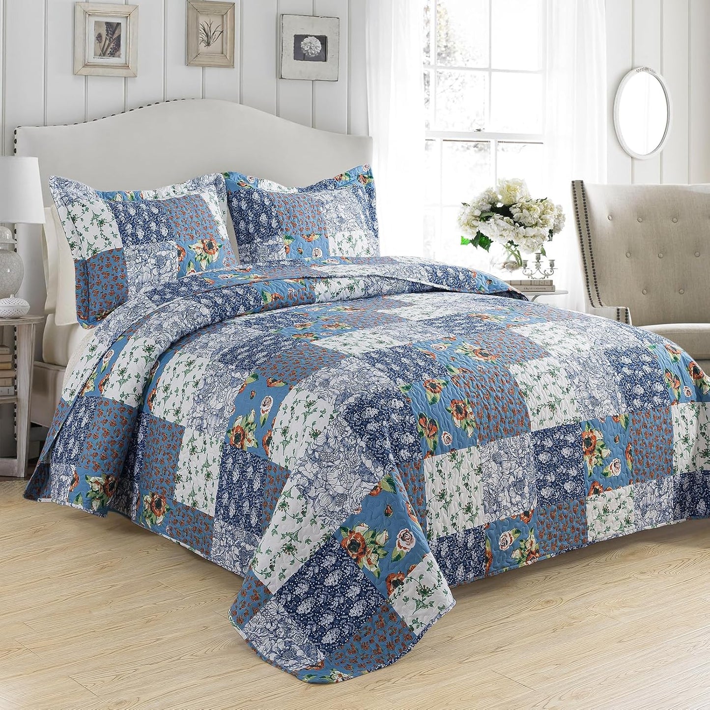 VAPUTAR King Size Quilt Set - Reversible Floral King Size Bedspreads with Wavy Edges - Lightweight Farmhouse King Quilt Bedding Sets for Bed Decorations, 3 Pieces