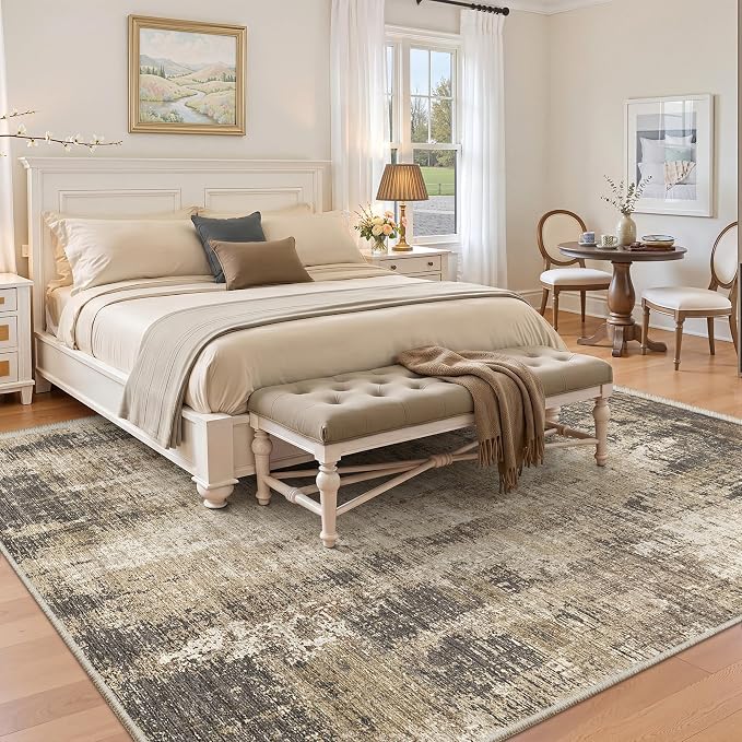 Valenrug Washable Rugs 6x9 - Ultra Thin Stain Resistant 6x9 Rugs for Living Room, Non Slip Backing 0.25" Low Pile Abstract Rugs for Bedroom, Folable Machine Washable Area Rug(6'x9', Taupe)
