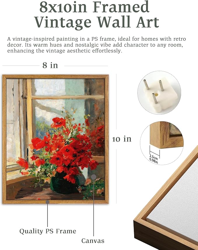 UPWOIGH 8x10 Framed Red Poppies Wall Art | Oil Painting Canvas Print, Vintage Farmhouse Style, Rustic Floral Décor, Living Room Bedroom Accent