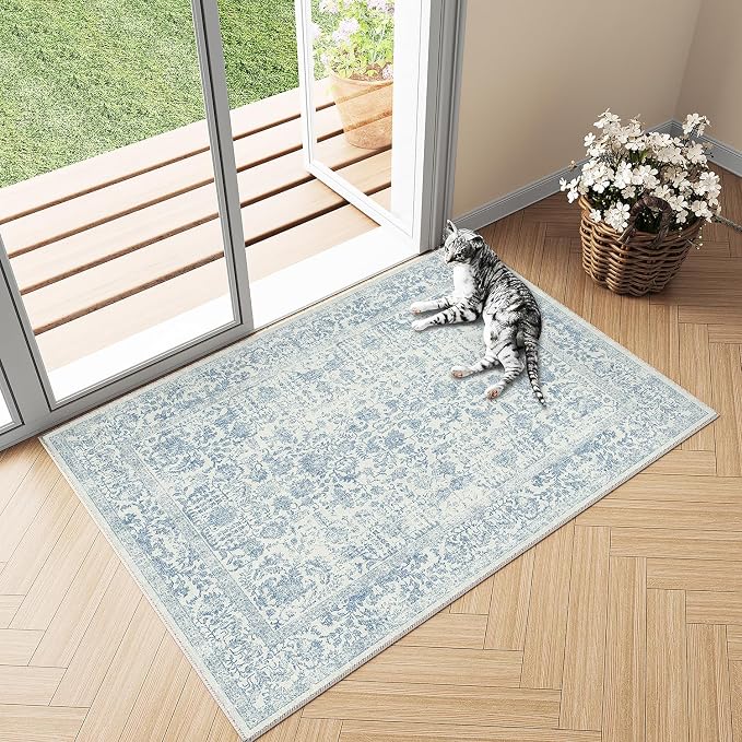 PureCozy Blue Entryway Area Rug 2x3 Door Mat Machine Washable Kitchen Vintage Distressed Non Slip Carpet Indoor Retro Floral Accent Throw Small Rug for Bathroom Office Bedroom Dining Room