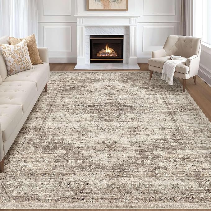 7x9 Area Rug Living Room: Washable Boho Large Neutral Vintage Soft Rug Stain Resistant Farmhouse Non Slip Indoor Floor Carpet for Bedroom Nursery Kids Playroom Office Dining Room- Tan