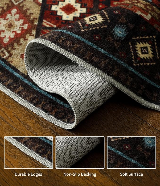 YIHOUSE Southwestern Round Rug 6ft, Low Pile Soft Circle Area Rug with Non-Slip Backing, Western Rustic Washable Rugs for Living Room, Bedroom