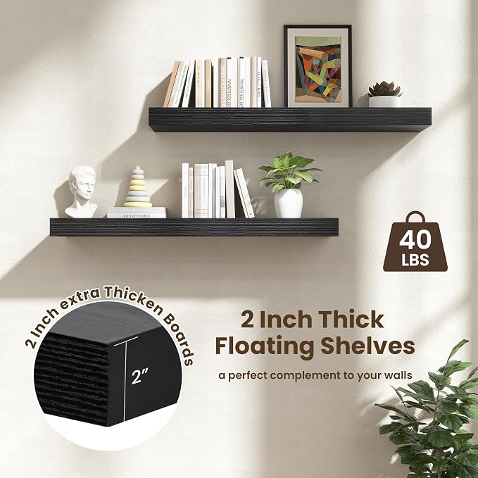 FLYJOE Deep Floating Shelves | 40 Inch Black Floating Shelves Set of 2 | 12 Inch Deep Wood Wall Shelves | 40" W x 12" D Black Shelves for Bathroom Living Room Kitchen Laundry Room