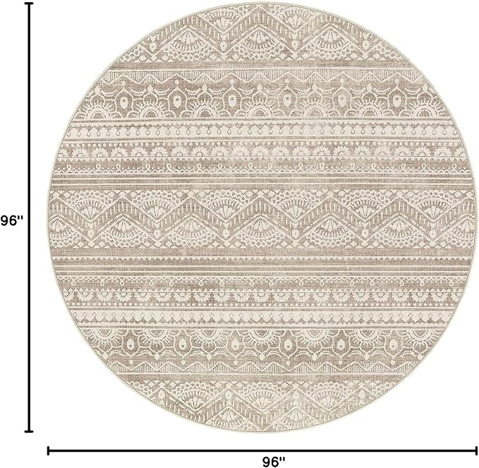 Tortania 8' Round Area Rug Living Room Rugs - Washable Large Soft Neutral Boho Moroccan Bohemian Farmhouse Rug Indoor Floor Carpet for Bedroom Under Dining Table Home Office Decor - Light Brown