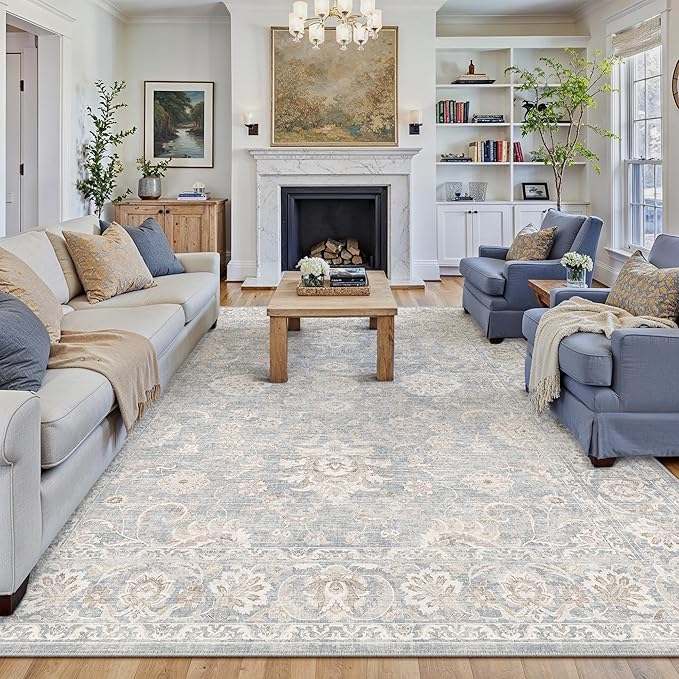 10x14 Blue Cream Area Rug for Living Room Bedroom Neutral Floral Soft Non Slip Rug Low Pile Distressed Large Carpet for Dining Room Nursery Office Indoor