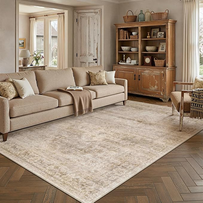 5x7 Washable Neutral Area Rug Beige Vintage Living Room Bedroom Carpet Non-Slip Soft Low Pile Oriental Indoor Throw Rug for Dining Room Entryway Office