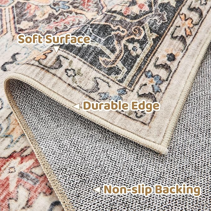 Area Rug for Living Room - 8x8 Large Soft Washable Oriental Vintage Floral Carpet Safe for Babies & Pets - Fade Stain Resistant Non Slip Rugs for Bedroom Dining Room Nursery Dorm Office Home Decor
