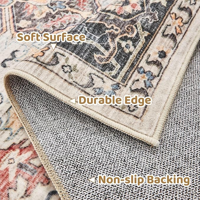 Area Rug for Living Room - 5x5 Large Soft Washable Oriental Vintage Floral Carpet Safe for Babies & Pets - Fade Stain Resistant Non Slip Rugs for Bedroom Dining Room Nursery Dorm Office Home Decor