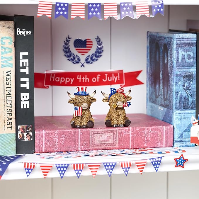 Valery Madelyn 4th of July Highland Cow Decorations, Memorial Day Decoration for Home Decor, Medium 2Pcs Patriotic High Mountain Yak Figurines USA 250th Anniversary Decorations, Independence Day
