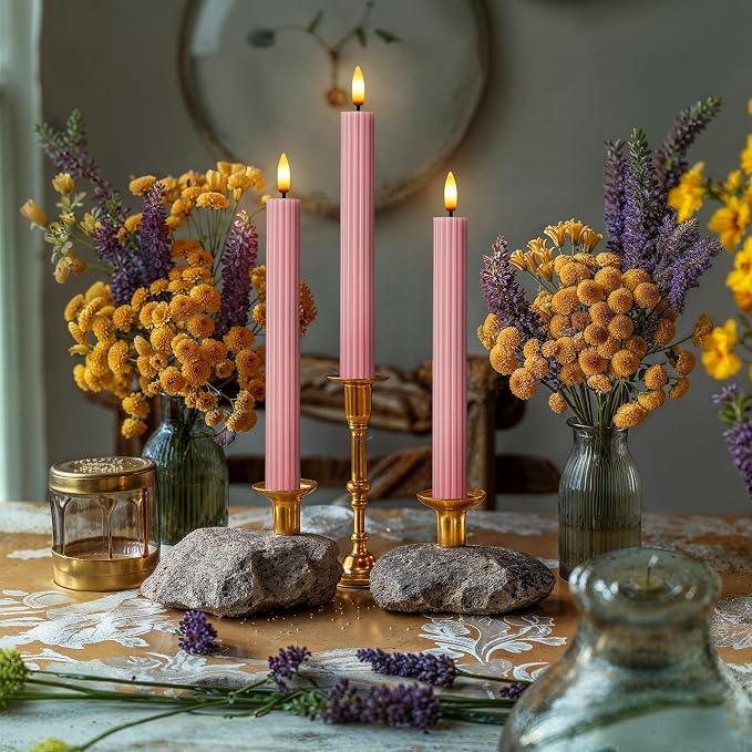 12 Pack, 10" LED Flameless Real Wax Dusty Rose Fluted Ribbed Grooved Taper Candles, Remote & 24h Timer Memory, On/Off Button, Dimmable, Flicker Mode, Battery Operated, Wedding