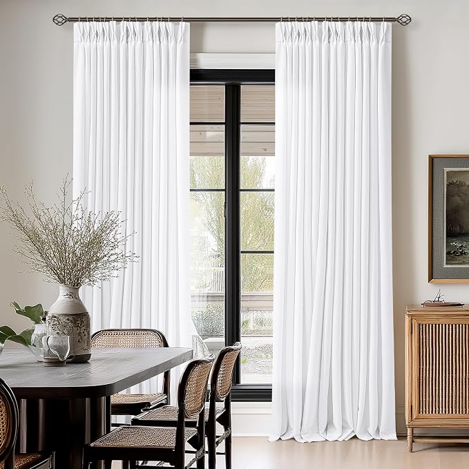 White Linen Curtains 108 Inches Long Pinch Pleated for Living Room 2 Panels Boho Farmhouse Thick Linen Textured Pinch Pleat Drapes Hooks Rings Back Tab Extra Long 108 Inch Curtain for Dining Bedroom