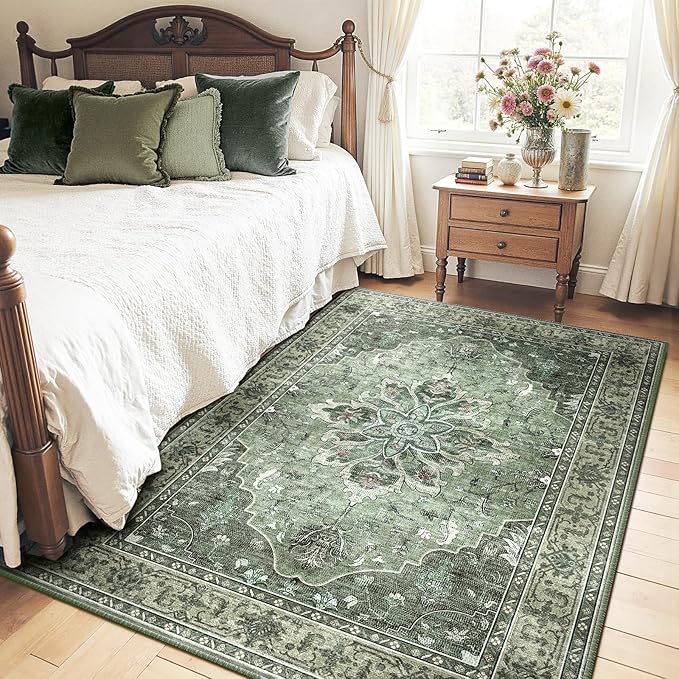RELEANY Area Rugs 6'x9' Washable Non-Slip, Floral Vintage Distress Print Pattern Medallion Carpet for Living Room Bedroom Dining Room, Dark Green Gray