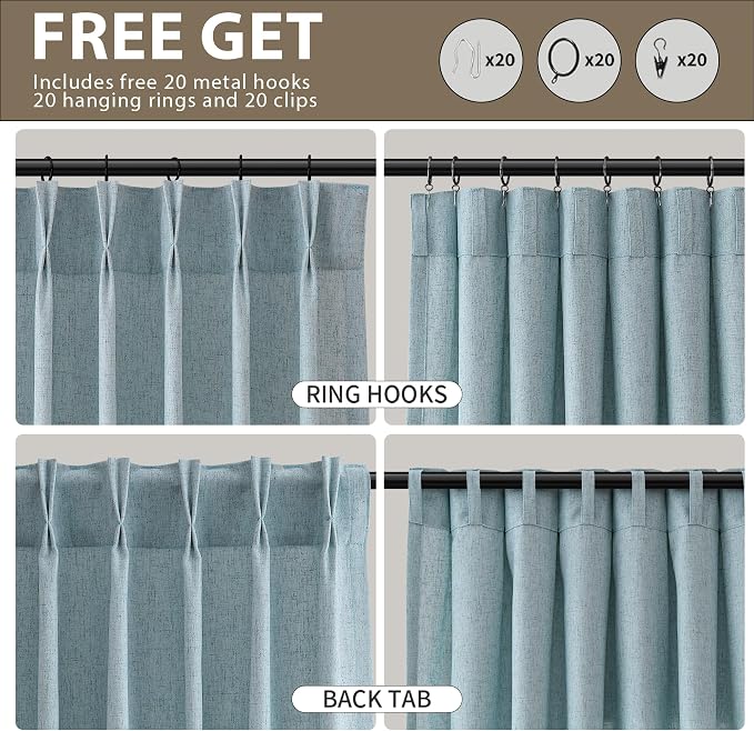 Light Blue Pinch Pleated Linen Curtains 96 Inch Length 2 Panels Set for Living Room Bedroom Modern Farmhouse Window Privacy Light Filtering Semi Sheer Back Tab Drapes with Hooks for Dining Room 40x96