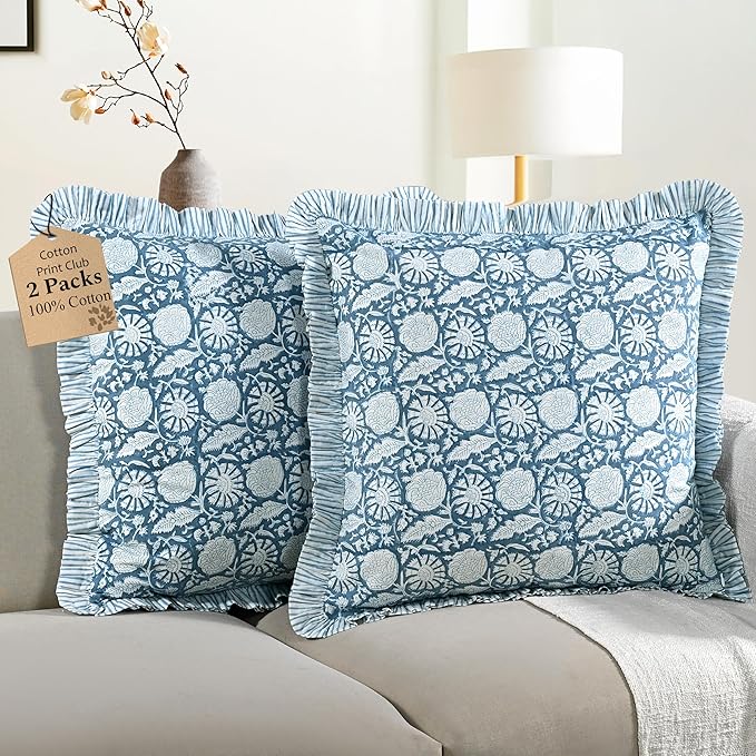 CPC Blue Meadow Hand Block Print 100% Cotton Ruffle Throw Pillow Cover 18x18 inch with Hidden Zipper Decorative for Couch, Bed, Sofa, Farmhouse, Cottagecore Decor Gift Christmas Fall Thanksgiving