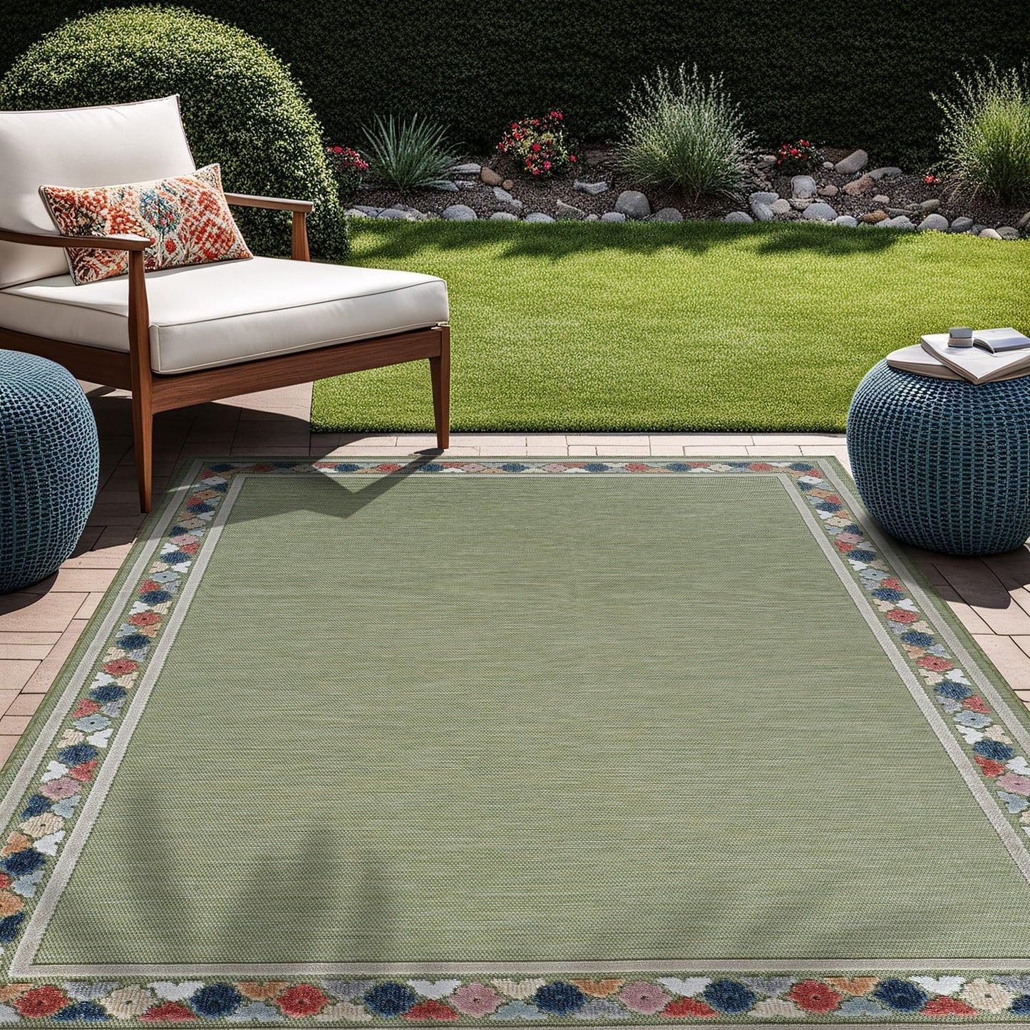 Beverly Rug Outdoor Rug 6x9 Modern Bordered Area Rugs for Indoor and Outdoor Patio Easy to Clean Non Shedding Living Room Porch Garden Washable Outside Carpet (6 x 9 Green)