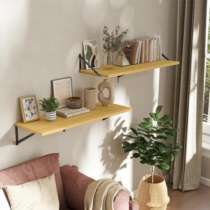 Acovy Deep Floating Shelves Wall Mounted, 36"x12" Oak Wall Shelves with Brackets Set of 2 for Bedroom, Living Room, Bathroom, Kitchen, Office - Storage & Display Shelf for Decor, Books, Plants