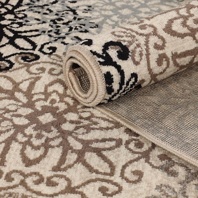 Superior Indoor Area Rug, Jute Backed, Perfect for Entryway, Office, Living/Dining Room, Bedroom, Kitchen, Hardwood Floor, Floral Scroll Decor, Leigh Collection, 3' x 5', Beige