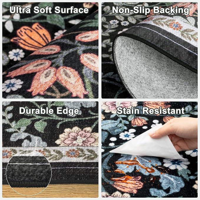 Runner Rug for Entryway: 2x5 Kitchen Rugs Non Slip Washable Ultra-Thin Soft Floral Carpet Indoor Floor Stain Resistant Carpets for Hallway Bedroom Kitchen Laundry Bathroom Dorm Dark Black