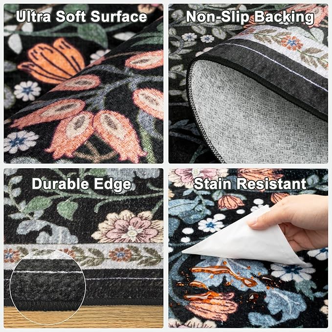 Round Area Rug for Living Room: 8 ft Floral Washable Circle Rug Soft Boho Non-Slip Carpet Indoor Floor Stain Resistant Low Pile Small Circular Rug for Bedroom Entryway Kitchen Nursery Dark Black