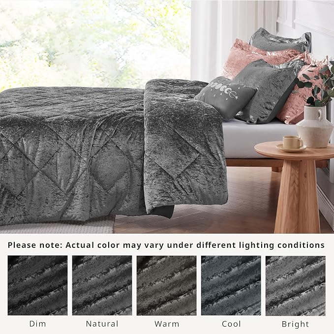 Intelligent Design Queen Duvet Cover Set, Velvet Queen Duvet Set, Luxury Diamond Quilting Grey Duvet Cover, Fluffy Duvet Cover with Decorative Pillow and 2 Shams, 4 Pieces, Grey, Full/Queen