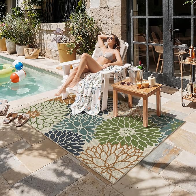 HUGEAR 3'x5' Floral Outdoor Rug Linen-Look Waterproof Colorful Floor Mat Home Decor for Camping RV Outside Area Rug Patio Deck Porch Balcony Backyard Picnic Beach Carpet