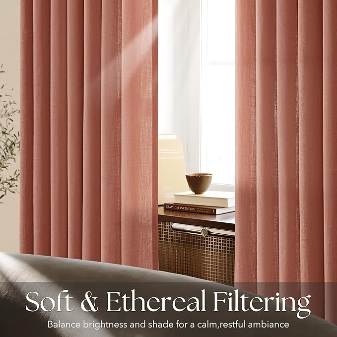 Terracotta Pinch Pleated Linen Curtains 108 Inch Length 2 Panels for Living Room Bedroom Textured Semi Sheer Drapes Pinch Pleat Rings Window Curtain 40x108