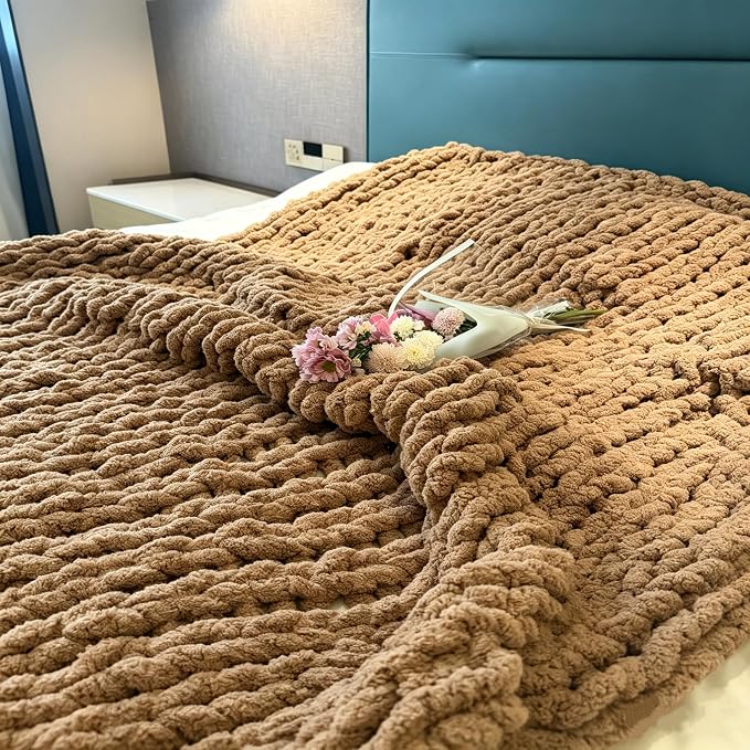Soft Chunky Knit Throw Blanket for Couch, Cozy Warm Knitted Blankets | Hand Knit with Jumbo Chenille, Lightweight Warm Fluffy Decor for Women, Mom, Her & Girls,Sofa,Chair,Bed,40"×40"(Light Brown)