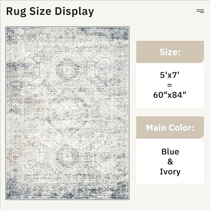 Soalmost 5x7 Area Rugs Blue Ivory Low Pile Indoor Washable Trendy Faded Style Rugs for Bedroom Living Room Dining Room Foldable Non-Slip Thin Print Mat