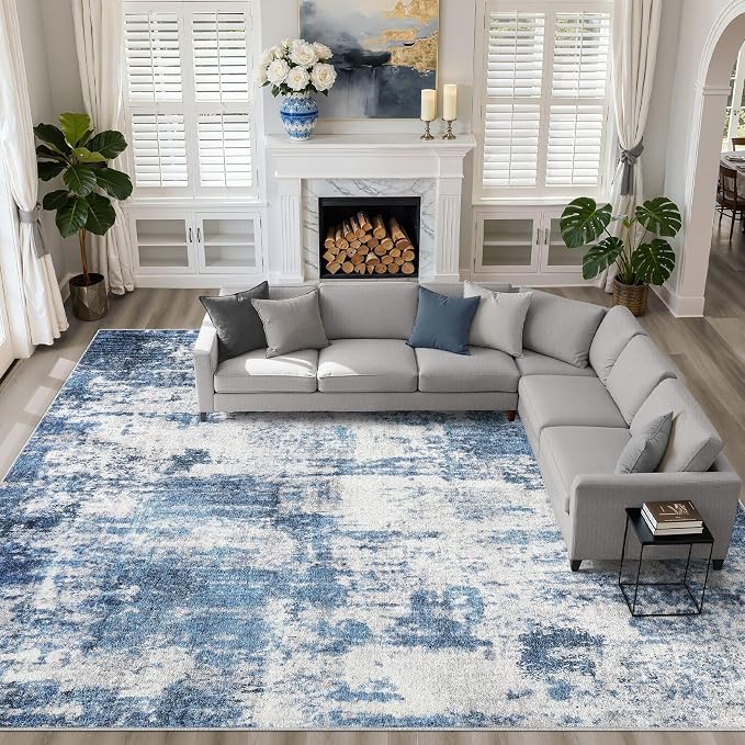 10x14 Area Rugs Living Room: Washable Large Neutral Rug Abstract Soft Modern Stain Resistant Indoor Floor Non-Slip Carpet for Bedroom Nursery Kids Office Playroom Dining Room Under Table- Navy Gray