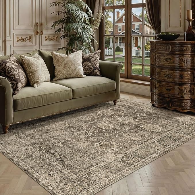 4x5 Washable Area Rug for Entryway Office Brown Vintage Non-Slip Low Pile Distressed Rustic Carpet Soft Throw Rug for Living Room Indoor Dining Room