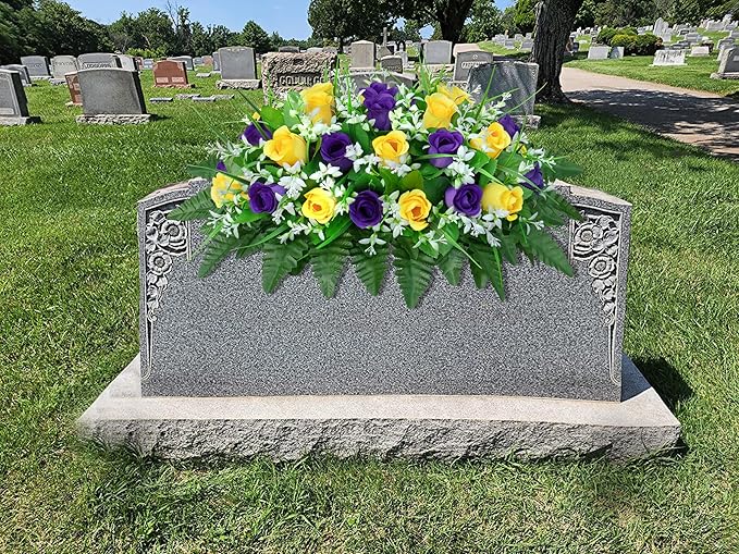 LVXINLI Artificial Cemetery Flowers Saddle-Shaped Tombstone Decorations Non-Fading UV-Resistant（ Yellow+Purple Saddle）