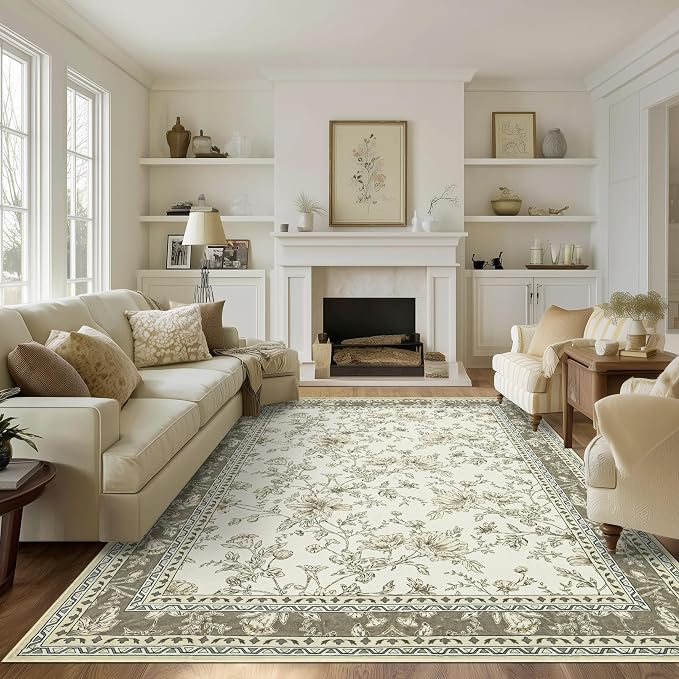 Large Neutral Beige Area Rug 10x12 for Living Room Earth Tone Cream Taupe Tan Pattern Modern Boho for Bedroom Soft Vintage Area Rug Farmhouse Floral Carpet for Dining Room Guest Bedroom Home Decor