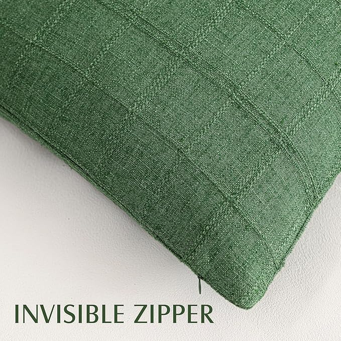 Foindtower Set of 2 Decorative Linen Check Throw Pillow Covers Neutral Farmhouse Lumbar Cushion Covers Modern Boho Accent Home Decor for Sofa Chair Couch Bedroom Living Room,12×20 Inch,Forest Green