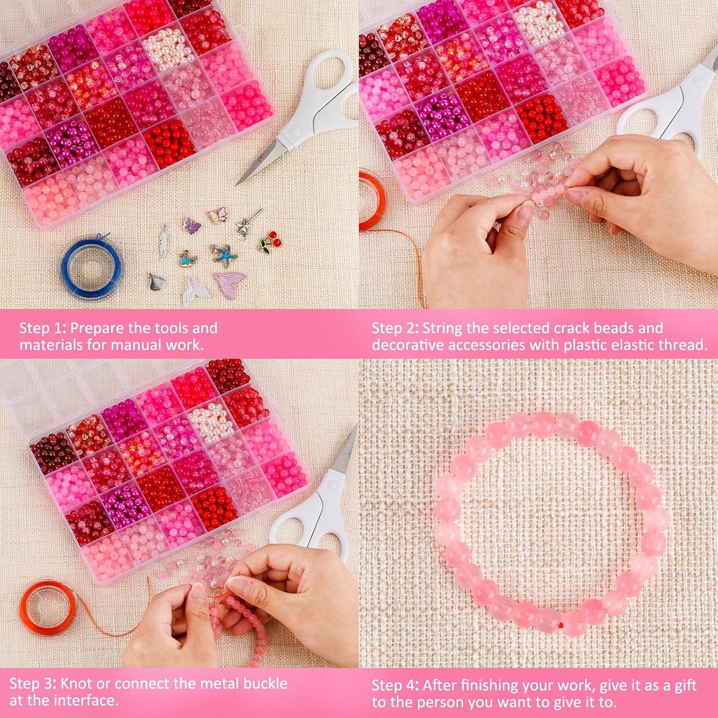 XSEINO About 1200PCS 6mm Glass Beads Bracelet Making Kit,24 Assorted Red and Pink Series Colorful Crystal Beads for Bracelet and Jewelry Making and DIY Crafts,Friendship Bracelets