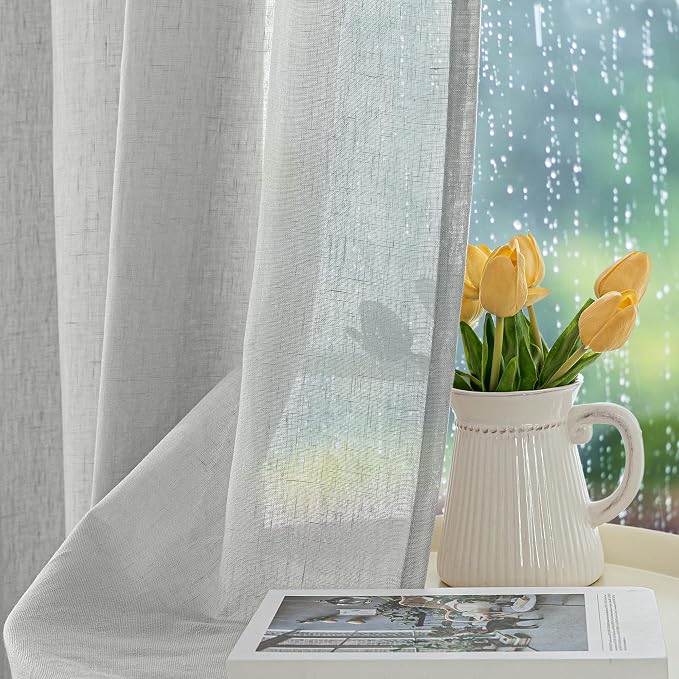 HolidayIdeas 4 Panels Outdoor Sheer Curtains for Patio Waterproof-Grey Linen Semi Voile Indoor Sheer Curtains, Light Filtering Privacy Drapes for Living Room, Gazebo, Porch, Balcony, Pool 54"x84"