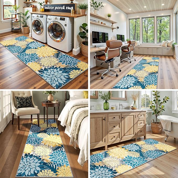 Colorful 2x6 Washable Runner Rug for Hallway Tropical Botanical Modern Floral Chenille Kitchen Rugs Low Pile Non Slip Carpet for Patio, Bedroom, Laundry, Ocean Dahlia