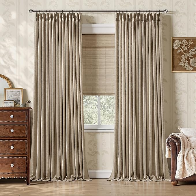 Pinch Pleated Thick Linen Dark Flax Curtains 90 Inch Brown Tan Semi Sheer Vintage Retro Burlap Drapes with Back Tab Hooks Rings Light Filtering Living Room Curtains 90 Inches Length 2 Panels
