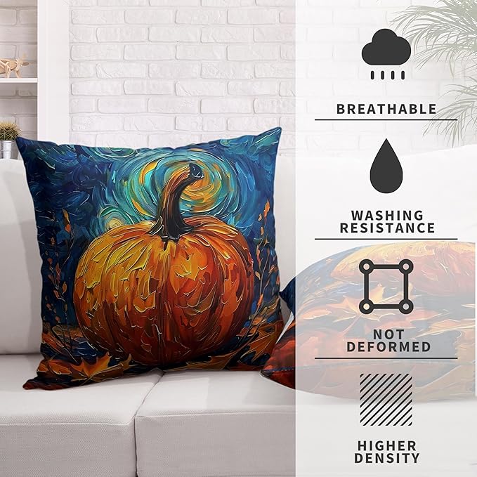 Fall Van Gogh Pillow Covers 16x16 Set of 2 Autumn Pumpkin Under Starry Night Throw Pillow Covers Oil Painting Pillowcase Cushion Case for Home Decor Patio Outdoor Sofa