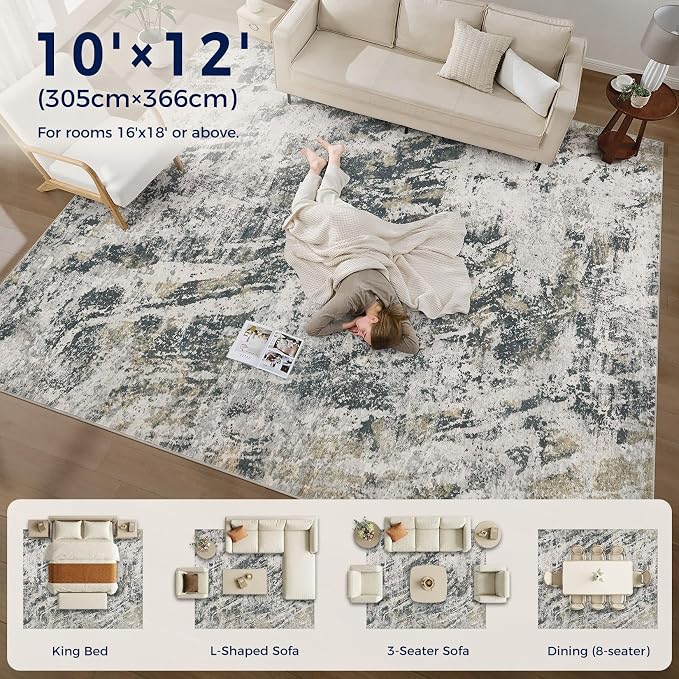 DMOYEST Area Rug Living Room Rugs - 10x12 Large Soft Indoor Neutral Modern Abstract Low Pile Washable Rug Carpet for Bedroom Dining Room Farmhouse Home Office-Black Gold/Grey
