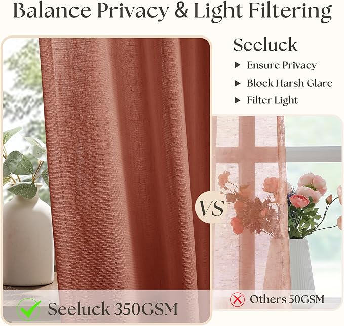 Terracotta Linen Curtains Pinch Pleated 84 Inches Long 2 Panels for Living Room Dining Pinch Pleat Light Filtering Boho Retro Semi Sheer Bedroom Window Curtain Burnt Orange Rust Autumn Fall Decor