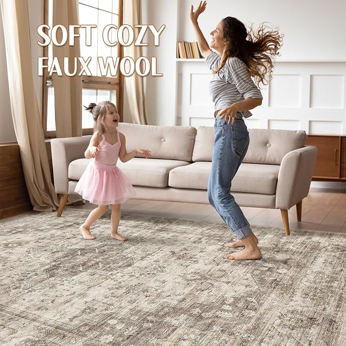 8x10 Area Rugs Living Room: Washable Boho Large Neutral Vintage Soft Rug Stain Resistant Farmhouse Non Slip Indoor Floor Carpet for Bedroom Nursery Kids Playroom Office Dining Room- Tan